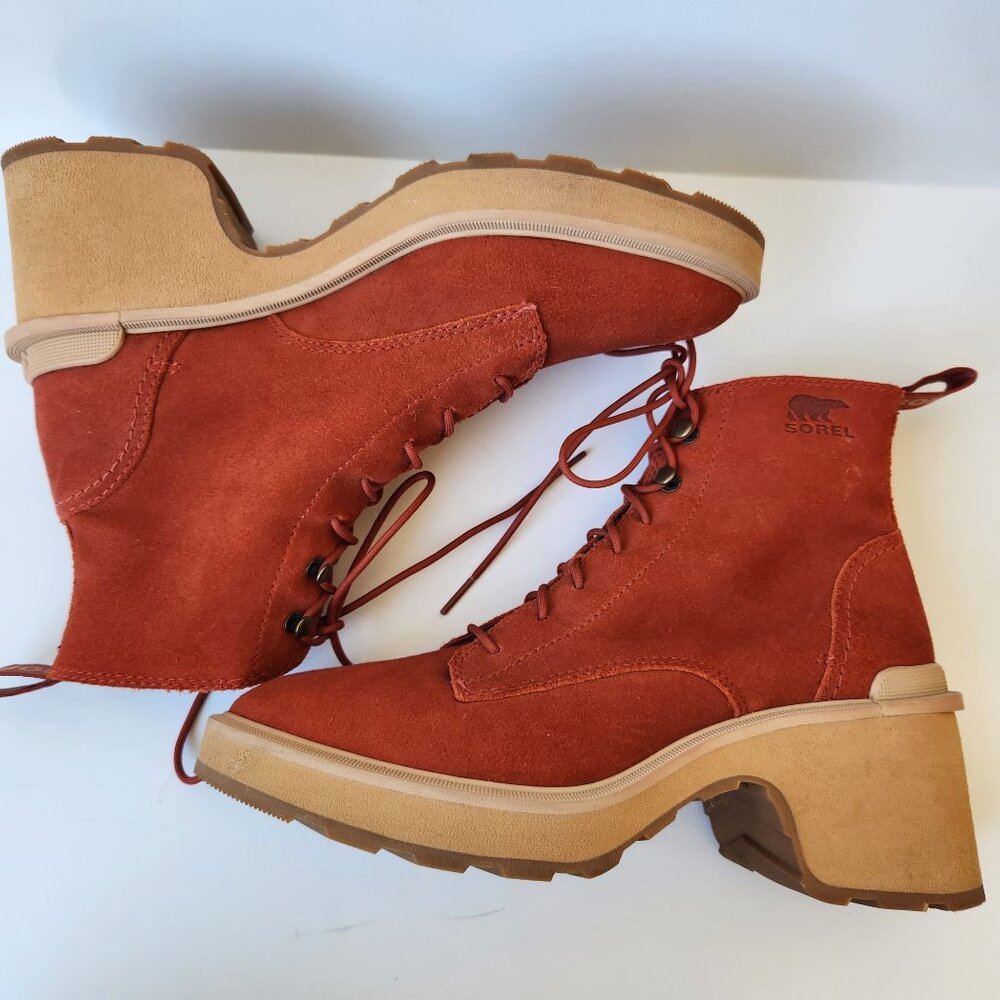 Sorel Hi-Line Heel Suede Lace-Up Platform Boots Orange Rust Red Fall Winter 9.5 - Picture 5 of 10